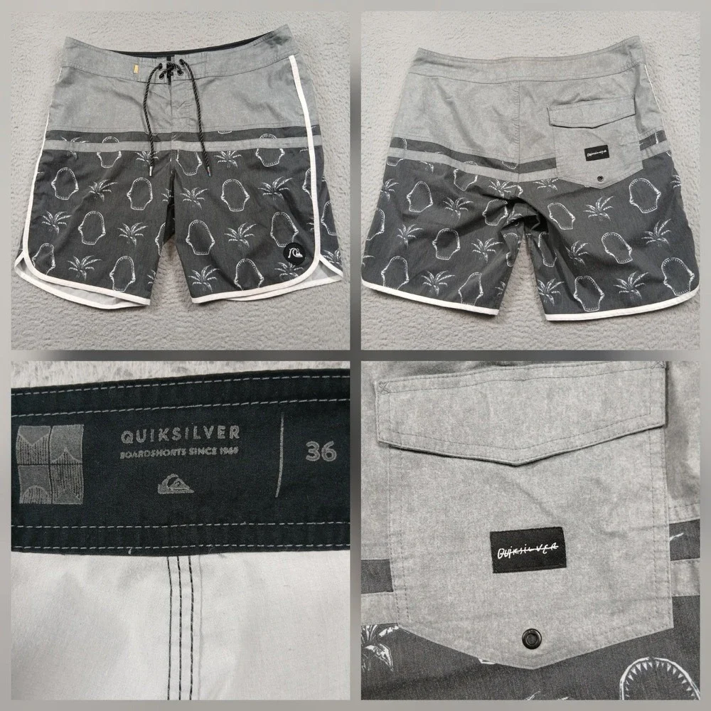 Quiksilver‎ Board Shorts Mens 36 Grey Shark Jaw Palm Print Swim Trunks Surf